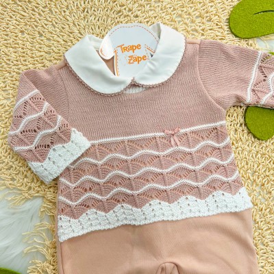 Macacão Beth Bebê de malha com tricot Ondulações - Rose 